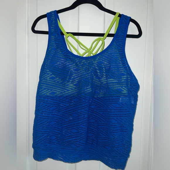 Go By Gossip Royal Blue Green Sporty Splice Layered Crochet Tankini Top large - Picture 3 of 6